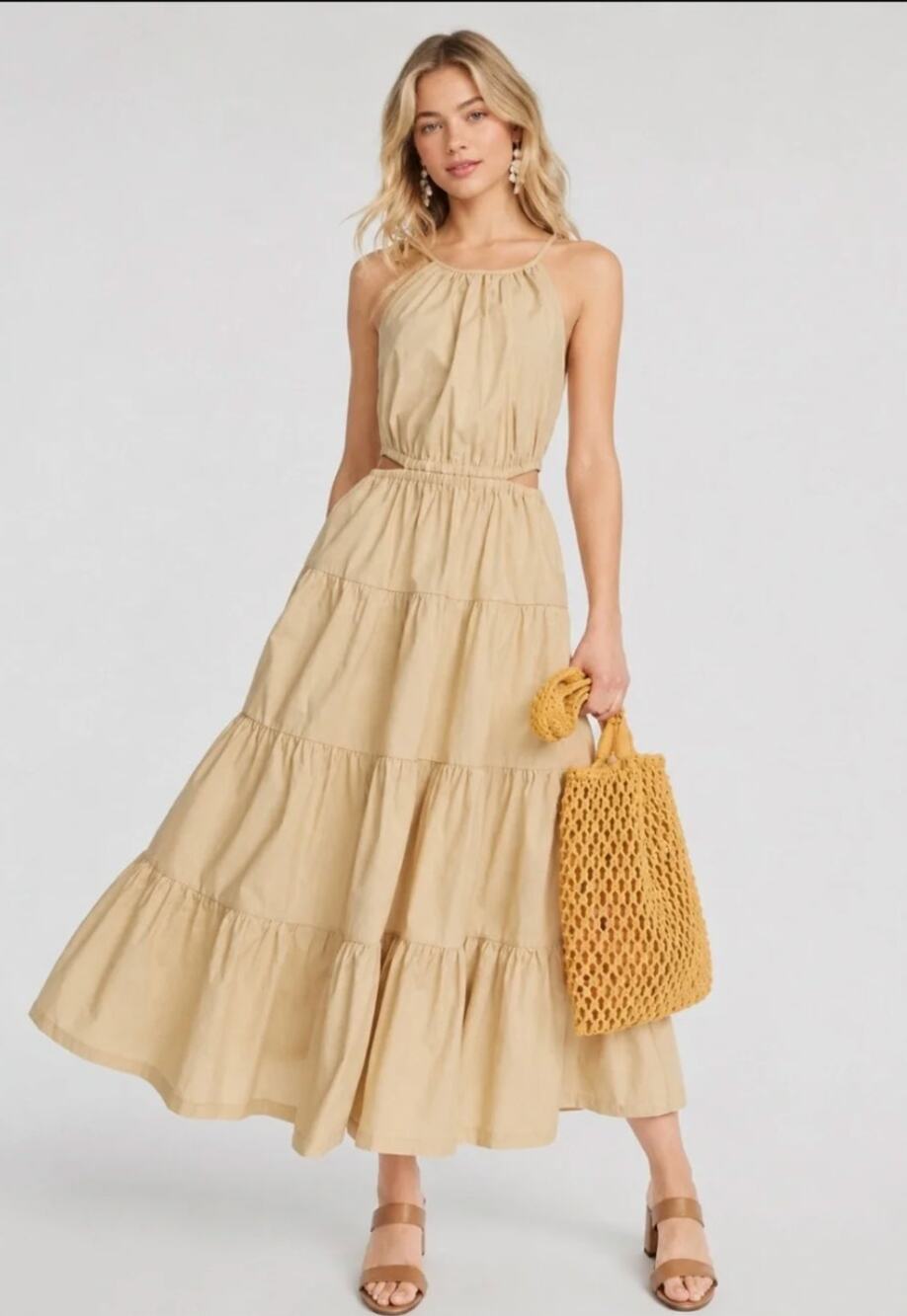 J.Crew Harborside Cutout Tiered Maxi Sundress Khaki Minimalist Women's XSP FLAW